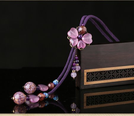 紫色复古花朵毛衣链项链