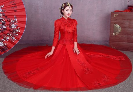 简约红色中式礼服，流苏中国风新娘结婚礼服