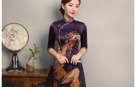 鹤舞紫色旗袍，中国风复古旗袍裙