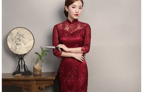 红色蕾丝旗袍，复古刺绣旗袍裙