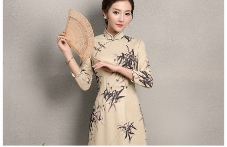 杏色墨竹旗袍，时尚中国风旗袍裙