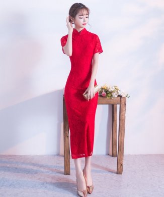 性感开叉红色旗袍，蕾丝花纹旗袍礼服裙