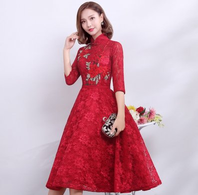 复古时尚中式礼服，中国风红色七分袖晚礼服
