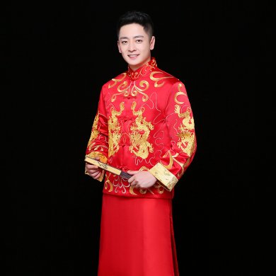 双龙刺绣男士中式礼服，时尚中国风新郎礼服