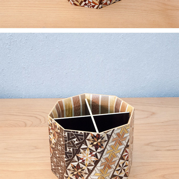 日本寄木细工手工实木复古拼花日式八角笔筒