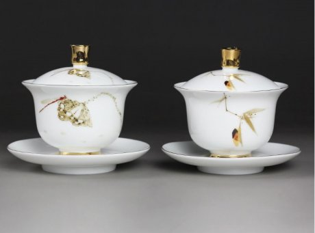 羊脂玉白瓷盖碗，简约描金白瓷茶具