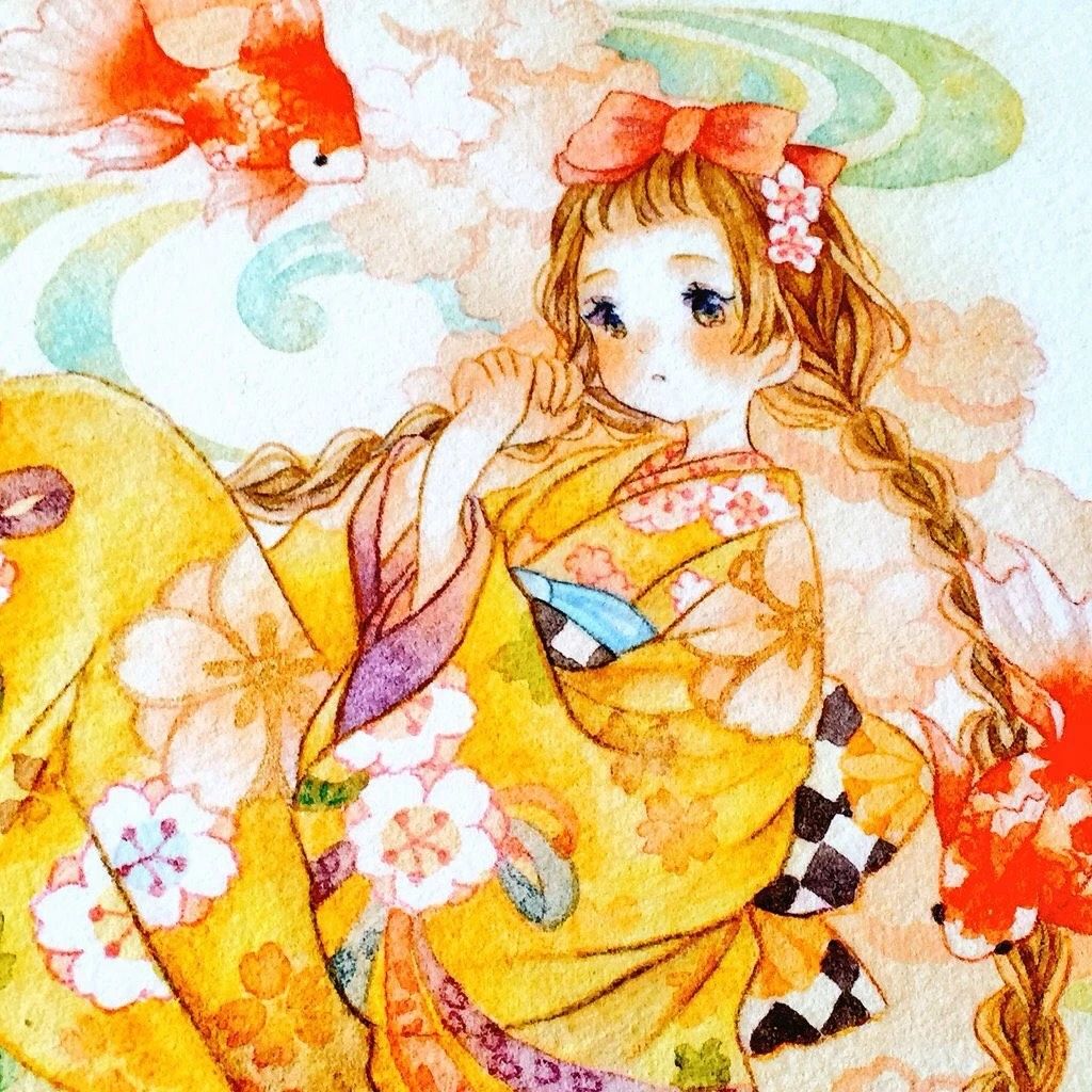 一组少女风的日系水彩插画：清新唯美萌妹纸