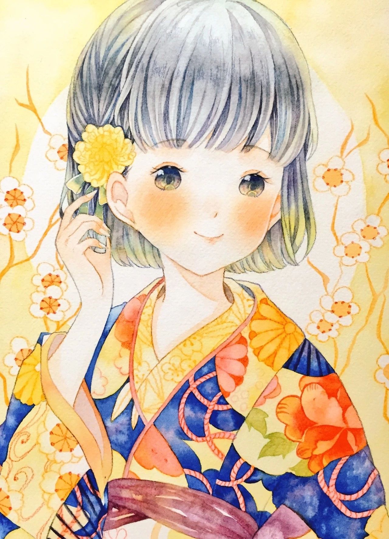 一组少女风的日系水彩插画：清新唯美萌妹纸