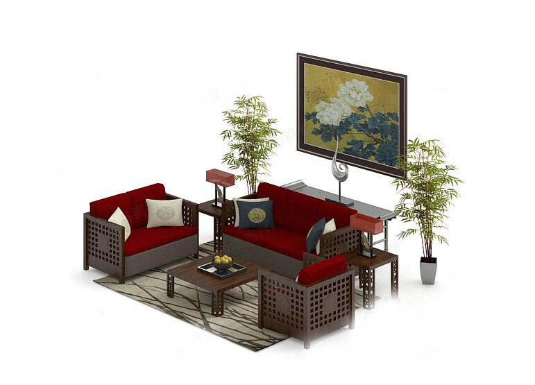 中式沙发茶几组合3D模型下载