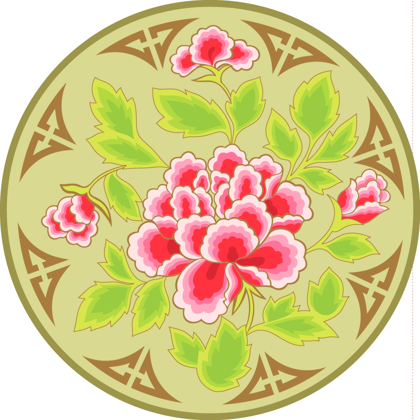 中国传统刺绣牡丹花圆形图案，矢量素材A