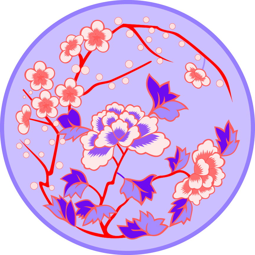 中国传统刺绣桃花牡丹花圆形图案，矢量素材