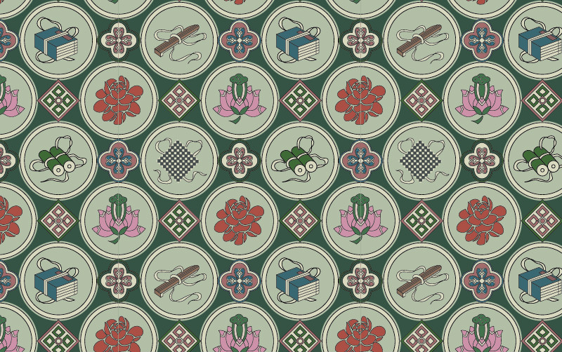 中国传统琴棋书画织锦图案与配色，矢量素材A